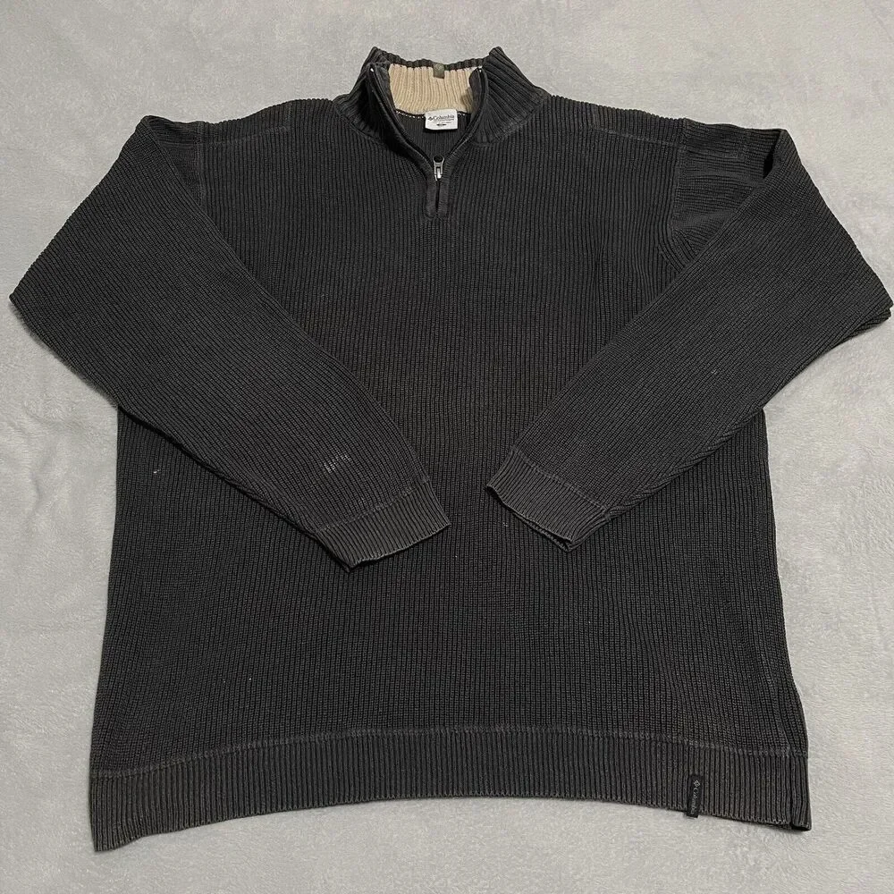 Columbia Sweater Men XL Gray Green Rib Knit Heavyweight 1/4 Zip Faded Distressed